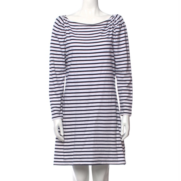 A.L.C. 100% cotton Navy & White Nautical Stipe Bateau Neck 3/4 Sleeve Dress US L - Picture 4 of 9
